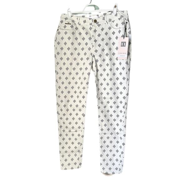 Ivanka Trump NWT White Printed Skinny Jean Denim Pants Tribal Print Mid Rise - Picture 1 of 8